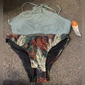 Green Stripe High Neck Bikini Swimsuit Set